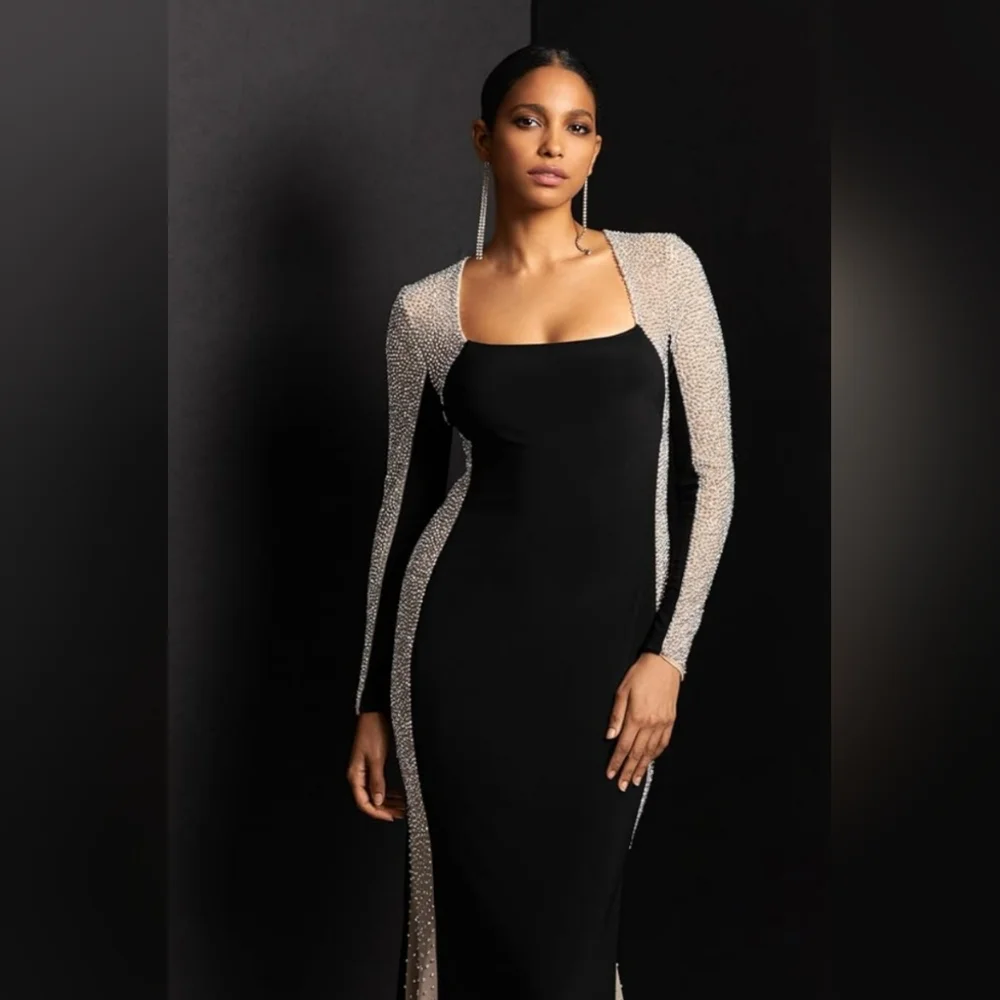 NWT Escape Caviar Beaded Mesh Panel Long Sleeve Sheath Gown Size 14 - Picture 2 of 6